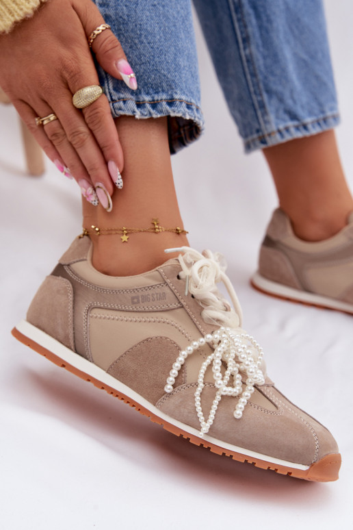 Skórzane Zamszowe Sneakersy Damskie Big Star TT274677 Beżowe