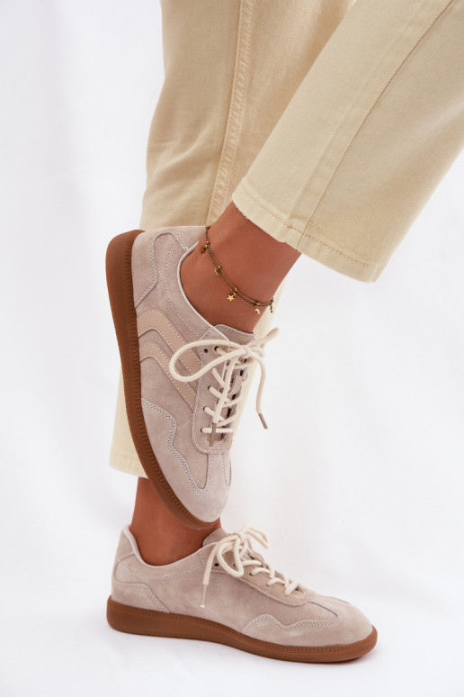 Skórzane Zamszowe Sneakersy Damskie Niskie Beżowe Perinae