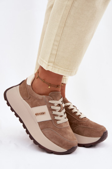Sneakersy Damskie Na PlatformiewithNaturalnego Zamszu Ciemnobeżowe Rosinae 2