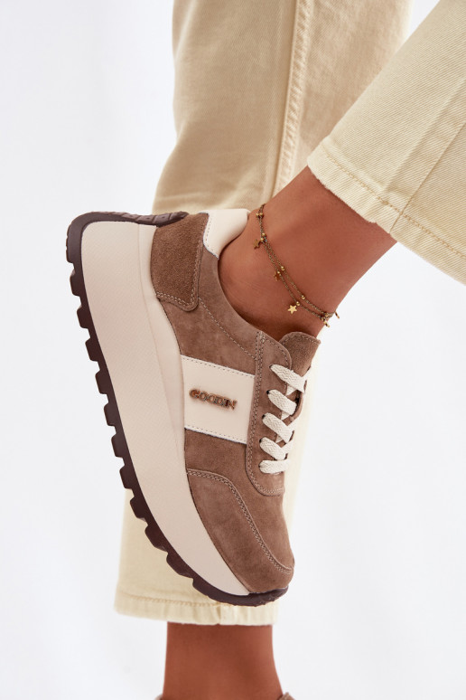 Women's Platform Sneakers Made of Natural Suede Dark Beige Rosinae