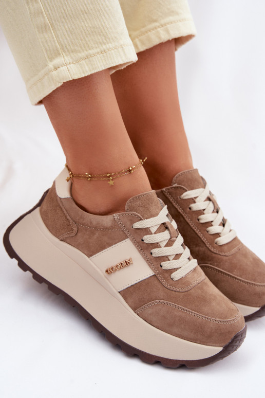 Women's Platform Sneakers Made of Natural Suede Dark Beige Rosinae