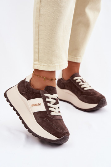 Sneakersy Damskie Na PlatformiewithNaturalnego Zamszu Czekoladowe Rosinae 2