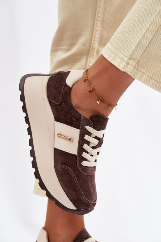 Sneakersy Damskie Na PlatformiewithNaturalnego Zamszu Czekoladowe Rosinae