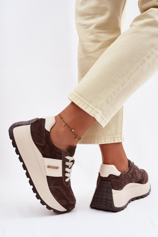 Sneakersy Damskie Na PlatformiewithNaturalnego Zamszu Czekoladowe Rosinae