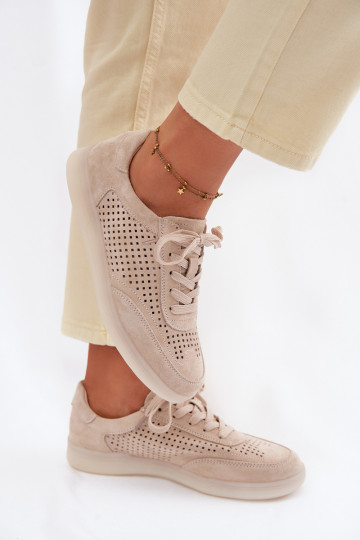 Skórzane Zamszowe Sneakersy Damskie Ażurowe Beżowe Almora