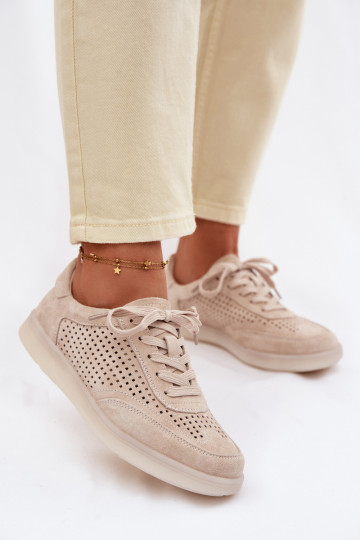 Leather Suede Women's Sneakers With Perforations Beige Almora 2
