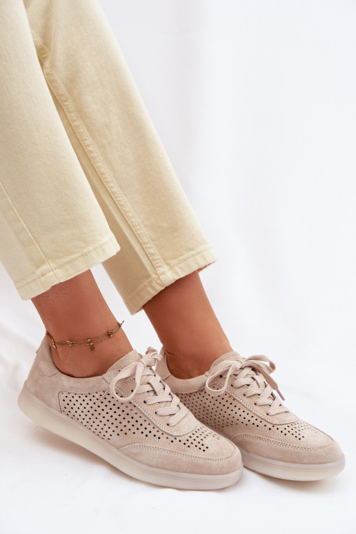 Leather Suede Women's Sneakers With Perforations Beige Almora