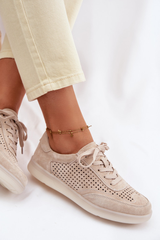 Leather Suede Women's Sneakers With Perforations Beige Almora
