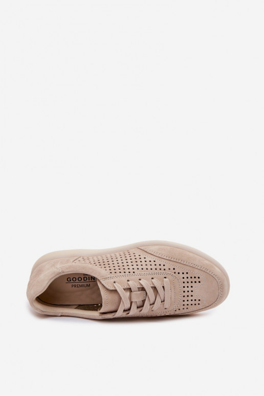 Leather Suede Women's Sneakers With Perforations Beige Almora