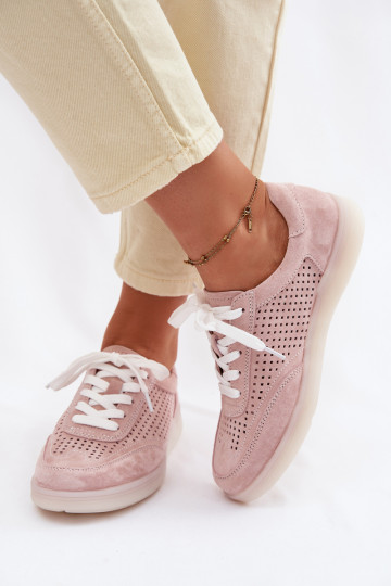 Skórzane Zamszowe Sneakersy Damskie Ażurowe Różowe Almora