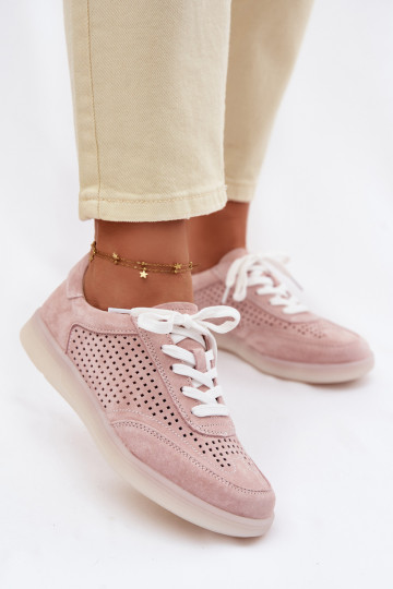 Skórzane Zamszowe Sneakersy Damskie Ażurowe Różowe Almora 2