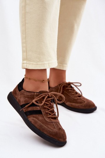 Skórzane Zamszowe Sneakersy Damskie Brązowe Ismina 2