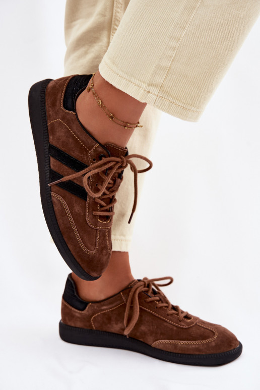 Skórzane Zamszowe Sneakersy Damskie Brązowe Ismina
