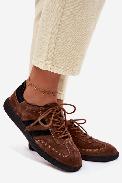 Skórzane Zamszowe Sneakersy Damskie Brązowe Ismina