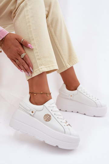 Skórzane Sneakersy Damskie Na Platformie D&A LR61-7095 Białe