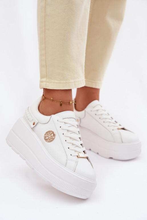 Skórzane Sneakersy Damskie Na Platformie D&A LR61-7095 Białe