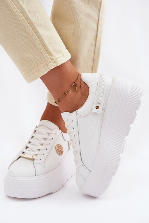 Skórzane Sneakersy Damskie Na Platformie D&A LR61-7095 Białe