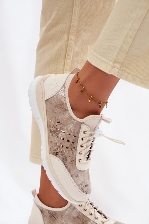 Wzorzyste Skórzane Półbuty Damskie D&A GR61-5990 Beżowe