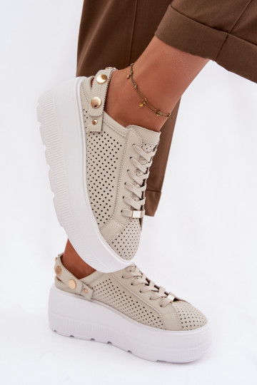 Leather Mesh Women's Sneakers On Platform With Strap On Heel D&A LR61-7088 Beige 2