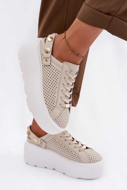 Leather Mesh Women's Sneakers On Platform With Strap On Heel D&A LR61-7088 Beige