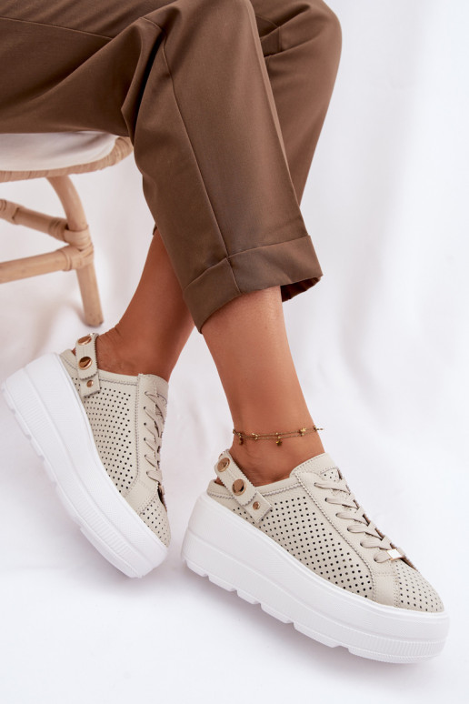 Leather Mesh Women's Sneakers On Platform With Strap On Heel D&A LR61-7088 Beige