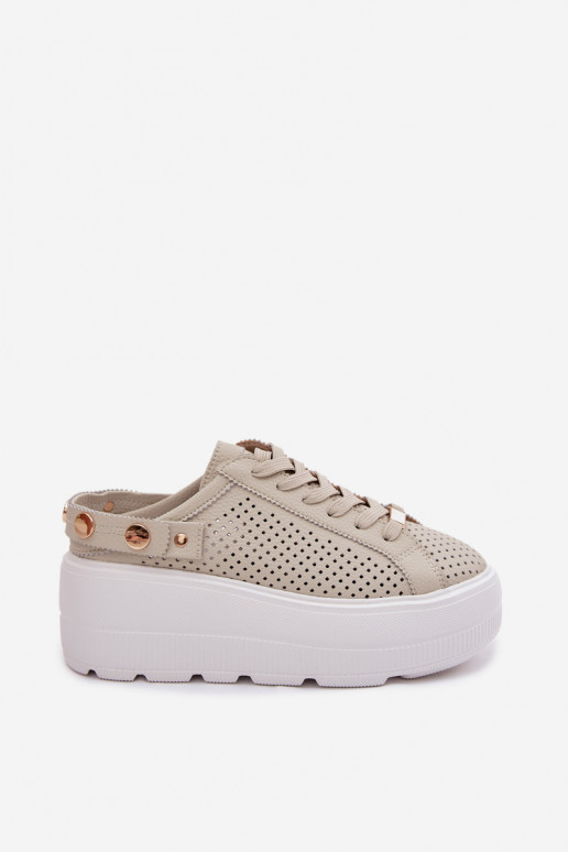 Leather Mesh Women's Sneakers On Platform With Strap On Heel D&A LR61-7088 Beige