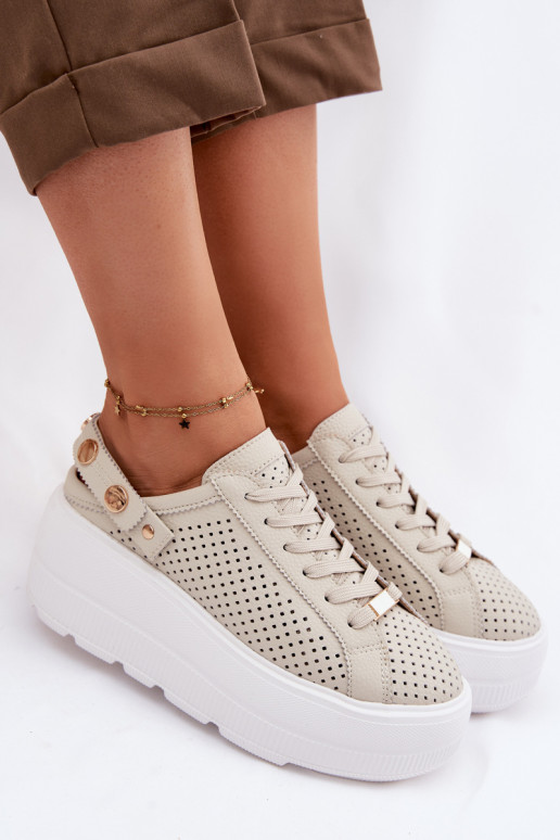 Leather Mesh Women's Sneakers On Platform With Strap On Heel D&A LR61-7088 Beige