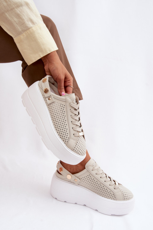 Leather Mesh Women's Sneakers On Platform With Strap On Heel D&A LR61-7088 Beige