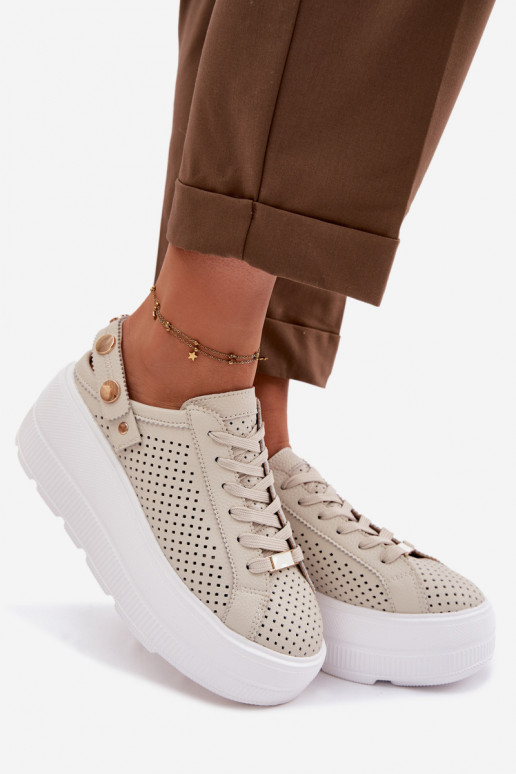 Leather Mesh Women's Sneakers On Platform With Strap On Heel D&A LR61-7088 Beige
