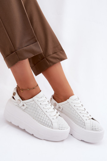 Leather Openwork Women's Sneakers With Platform And Strap On Heel D&A LR61-7088 White