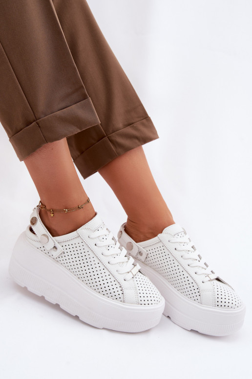 Leather Openwork Women's Sneakers With Platform And Strap On Heel D&A LR61-7088 White