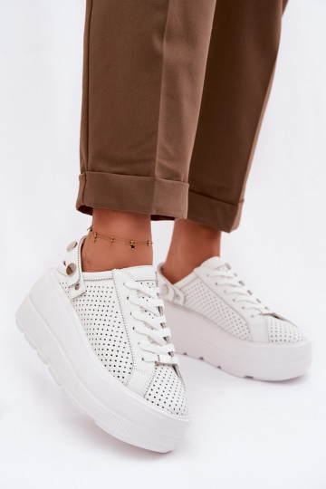 Leather Openwork Women's Sneakers With Platform And Strap On Heel D&A LR61-7088 White 2