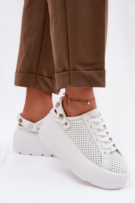 Leather Openwork Women's Sneakers With Platform And Strap On Heel D&A LR61-7088 White