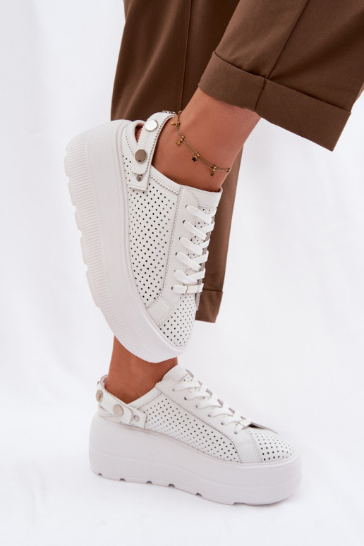 Leather Openwork Women's Sneakers With Platform And Strap On Heel D&A LR61-7088 White