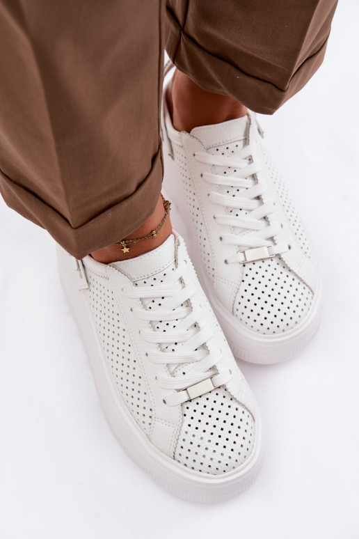 Skórzane Ażurowe Sneakersy Damskie Na PlatformiewithPaskiem Na Pięcie D&A LR61-7088 Białe