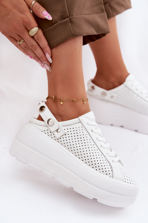 Leather Openwork Women's Sneakers With Platform And Strap On Heel D&A LR61-7088 White