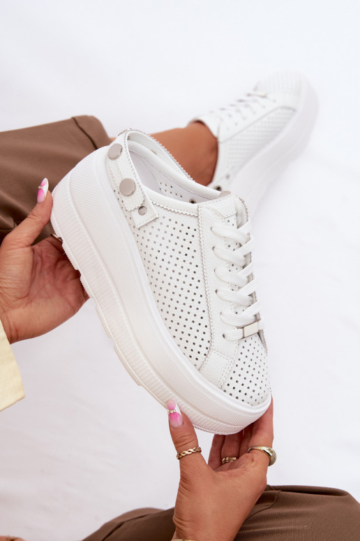 Leather Openwork Women's Sneakers With Platform And Strap On Heel D&A LR61-7088 White