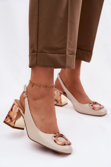 Leather Women's Block Heel Sandals With Buckle D&A LZ61-2010 Beige