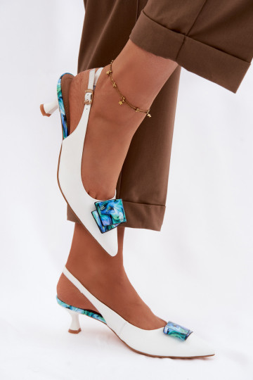 Leather Women's Heeled Shoes With Decoration D&A LZ61-2006 White