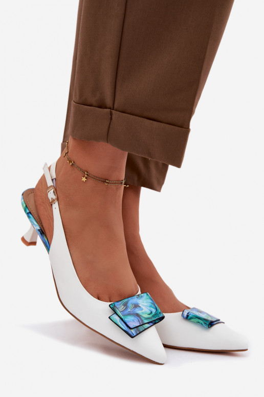 Leather Women's Heeled Shoes With Decoration D&A LZ61-2006 White