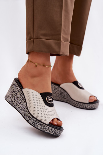 Leather Platform Sandals With Decoration S.Barski LR61-7011 Beige