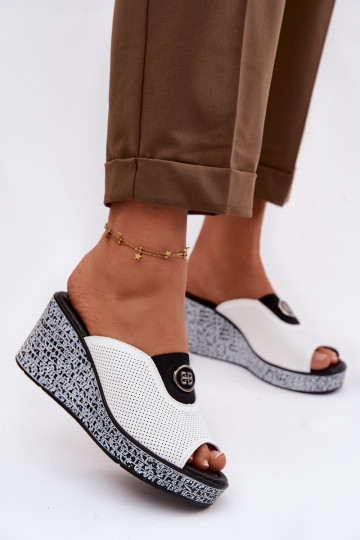 Leather Platform Slides With Embellishment S.Barski LR61-7011 White 2