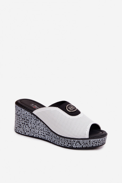 Skórzane Klapki Na KoturniewithOzdobą S.Barski LR61-7011 Białe