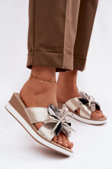 Leather Platform Sandals With Decorative Flower S.Barski GR61-5989 Gold 2