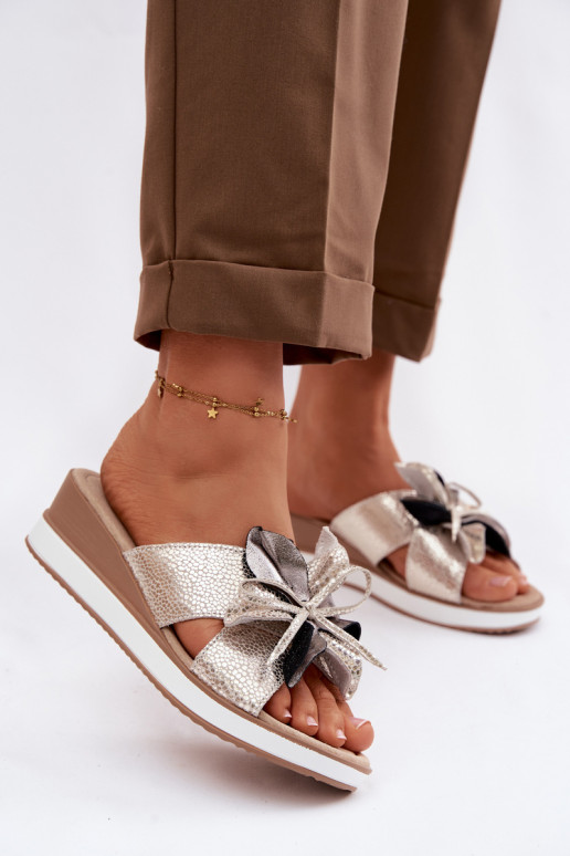 Leather Platform Sandals With Decorative Flower S.Barski GR61-5989 Gold