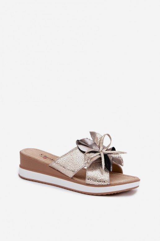 Leather Platform Sandals With Decorative Flower S.Barski GR61-5989 Gold