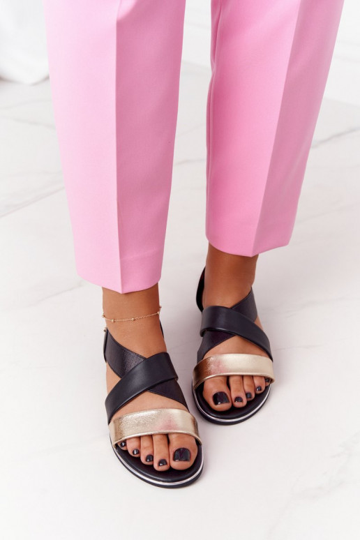 Leather Sandals With Drawstrings Gold-Black Apulia