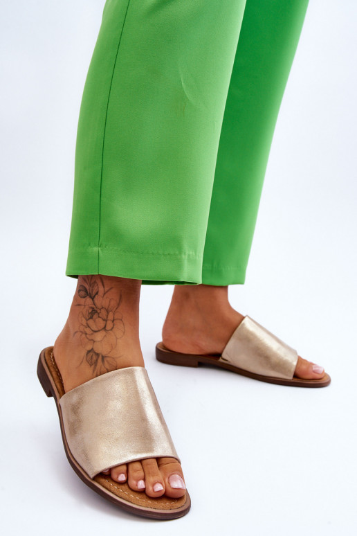 Damskie Skórzane Gładkie Klapki Złote Cerise