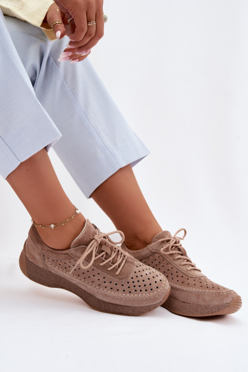 Skórzane Półbuty Sneakersy Damskie Ażurowe Sergio Leone SP-013 Jasnobrązowe