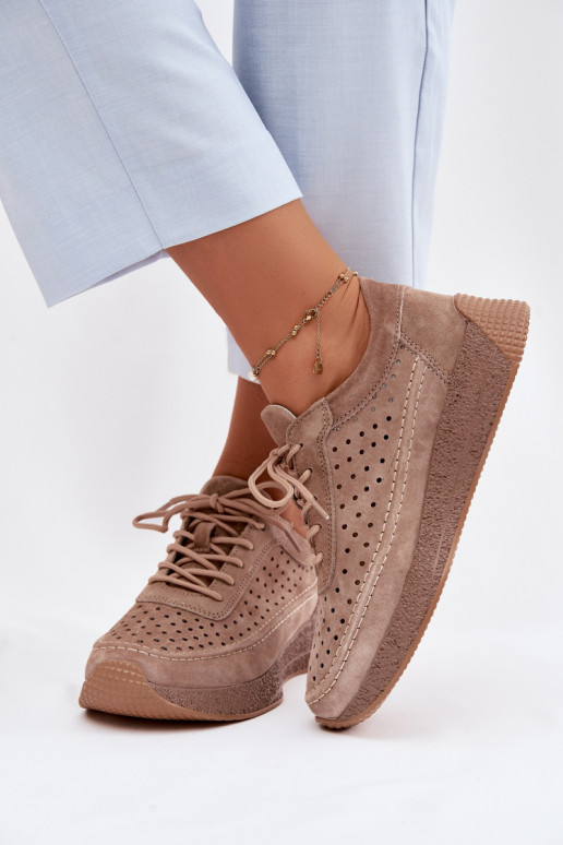 Leather Sneakers Women's Perforated Sergio Leone SP-013 Light Brown